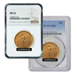 $20 MS-61 St. Gaudens Double Eagle Gold Coin (NGC or PCGS) - Random Year