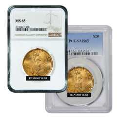 $20 MS-65 St. Gaudens Double Eagle Gold Coin (NGC or PCGS) - Random Year