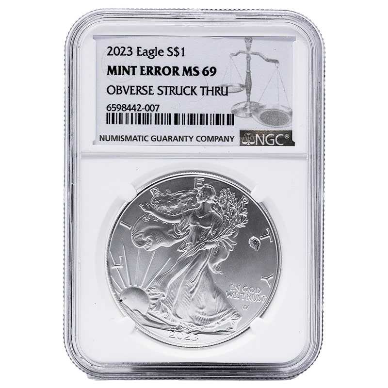 2023\u0020NGC\u0020MS\u002D69\u0020Mint\u0020Error\u0020Obverse\u0020Struck\u0020Thru\u0020Silver\u0020Eagle\u0020Coin