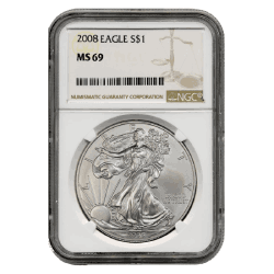 2008 NGC MS-69 American Silver Eagle Coin (Brown Label) 2008 NGC MS-69 American Silver Eagle Coin (Brown Label)