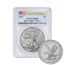 2021 PCGS MS-69 First Strike Type 2 American Silver Eagle Coin 2021 PCGS MS-69 First Strike Type 2 American Silver Eagle Coin