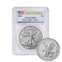 2021 PCGS MS-70 First Strike Type 2 American Silver Eagle Coin 2021 PCGS MS-70 First Strike Type 2 American Silver Eagle Coin