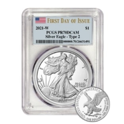 2021 PCGS PR-70 First Day of Issue Type 2 American Silver Eagle Proof Coin 2021 PCGS PR-70 First Day of Issue Type 2 American Silver Eagle Proof Coin