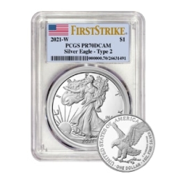 2021 PCGS PR-70 First Strike Type 2 American Silver Eagle Proof Coin 2021 PCGS PR-70 First Strike Type 2 American Silver Eagle Proof Coin