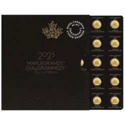 2023 25 x 1 Gram Canadian Gold Maplegram25 Coin Sheet