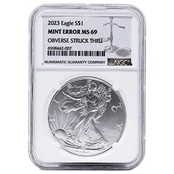 2023 US Silver Eagle NGC MS-69 Mint Error Obverse Struck Thru 1 oz Coin 2023 US Silver Eagle NGC MS-69 Mint Error Obverse Struck Thru 1 oz Coin