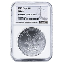2023 US Silver Eagle NGC MS-69 Mint Error Reverse Struck Thru 1 oz Coin 2023 US Silver Eagle NGC MS-69 Mint Error Reverse Struck Thru 1 oz Coin