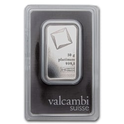 Valcambi Platinum Bar In Assay Card 50 Gram
