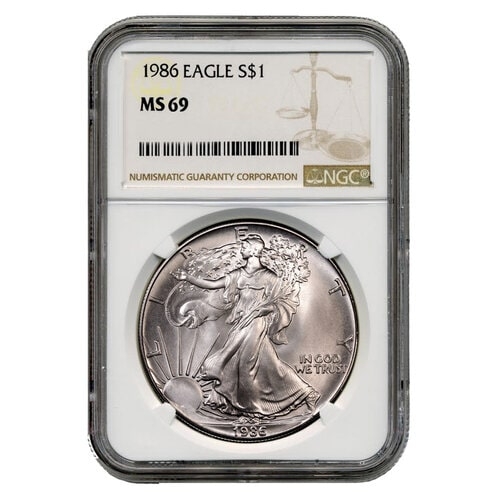 1986\u0020NGC\u0020MS\u002D69\u0020American\u0020Silver\u0020Eagle\u0020Coin\u0020\u0028Brown\u0020Label\u0029