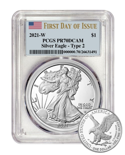 2021\u0020PCGS\u0020PR\u002D70\u0020First\u0020Day\u0020Of\u0020Issue\u0020Type\u00202\u0020American\u0020Silver\u0020Eagle\u0020Proof