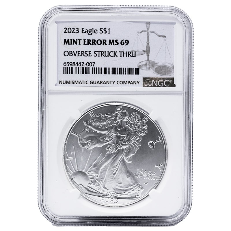 2023\u0020NGC\u0020MS\u002D69\u0020Mint\u0020Error\u0020Obverse\u0020Struck\u0020Thru\u0020Silver\u0020Eagle\u0020Coin
