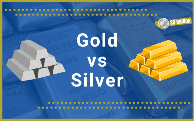 The image shows a stack of silver bars and a stack of gold bars and, in between both stacks, the words "Gold vs Silver"