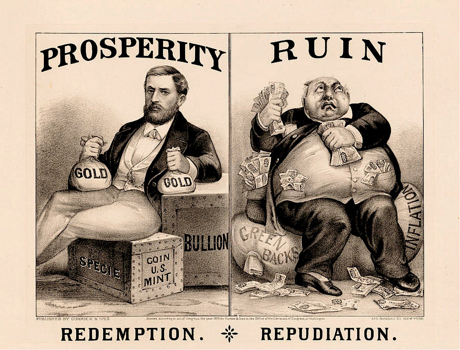 Gold dollar vs Greenbacks Currier and Ives cartoon 1875 SD Bullion SDBullion.com