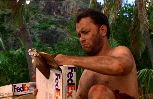 Tom Hanks in Cast Away opening a FedEx package