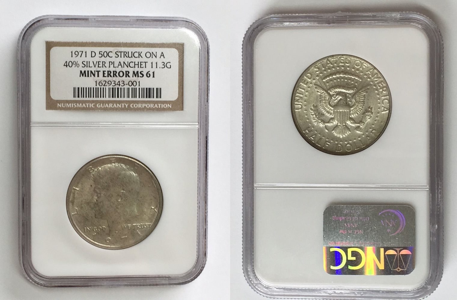 $13,000.00 1971-D Kennedy Half Dollar Error Coin Silver Planchet NGC MS61